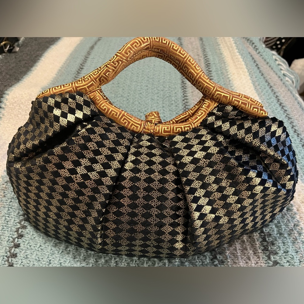 Vintage Black and Gold Satin Women's Handbag